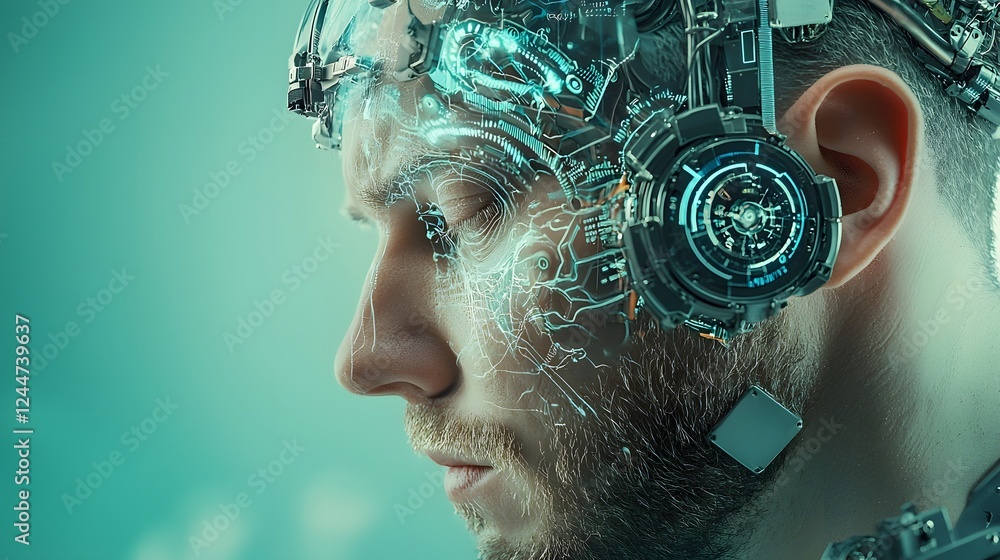 Poster Captivating image depicting a mind control experiment conducted using advanced futuristic technology  The individual is shown wearing a high tech headset or interface