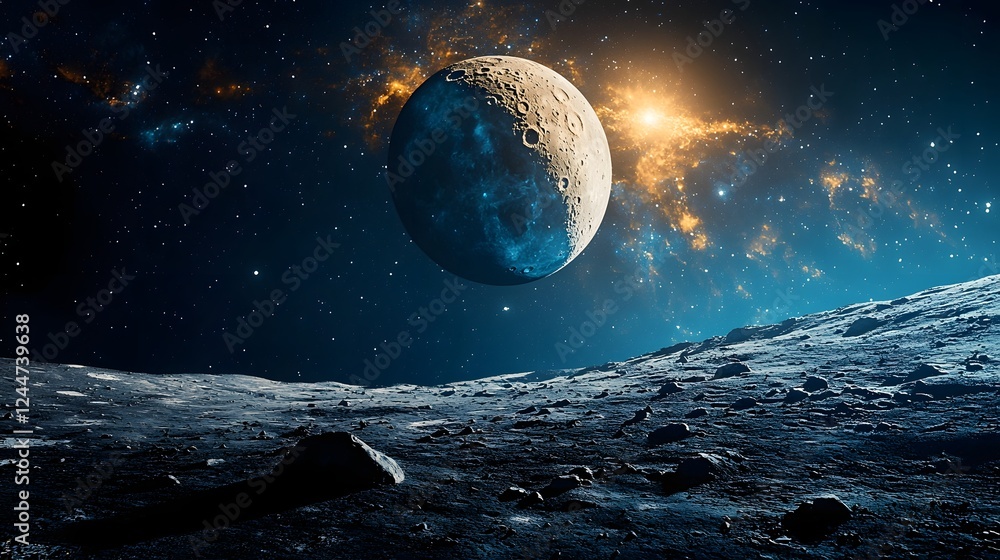 Poster captivating cosmic anomaly appearing near the moon distorting the lunar landscape and altering the r