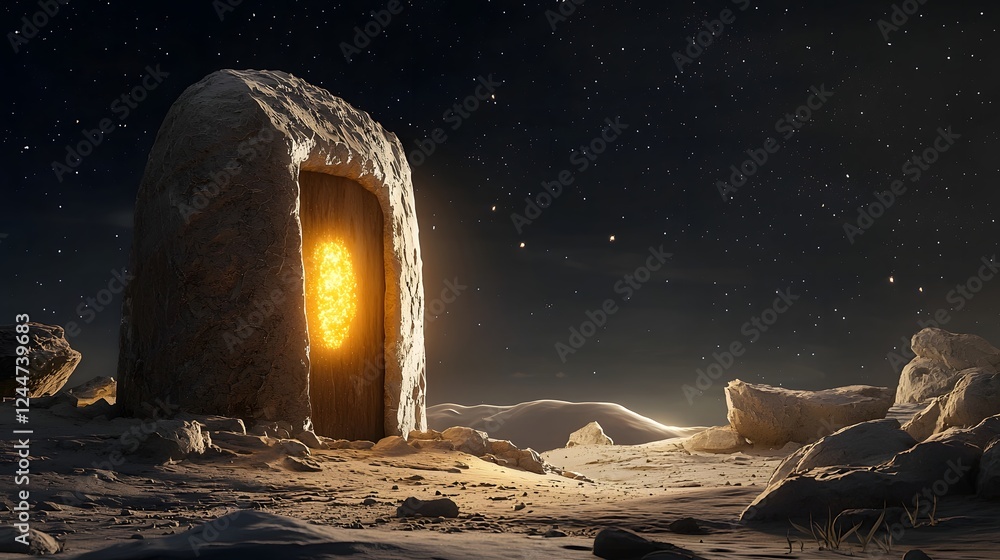 Poster captivating image of a strange glowing rock formation embedded in the lunar landscape set against th