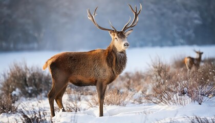 Majestic Red Deer Gazing into the Frosty Winter Wilderness, Brilliant Rays of Sunlight Penetrating the Dense SnowCovered Forest at Dawn