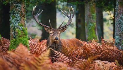Naklejka premium Majestic Red Deer Stag Roaming Amidst Autumnal Ferns in a Moody, Vibrant Forest A Testament to the Beauty of Natures Palette and Wildlifes Grace