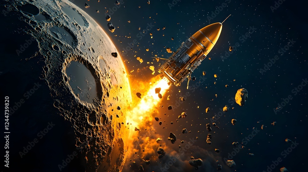 Poster clandestine lunar spacecraft launch towards the unknown a hidden spacecraft blasting off from the su