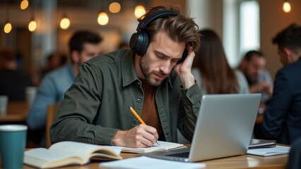 Obraz premium young man sitting table laptop front him wearing green jacket has pair headphones his head appears deep thought his hand resting his forehead pen his hand several books coffee cup table next him