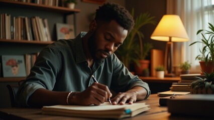 young man sitting wooden desk home office wearing green shirt focused writing notebook pen desk cluttered books lamp plants room dimly lit window bookshelf visible background man appears deep thought