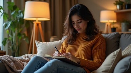 young woman sitting gray couch living room she wearing yellow sweater blue jeans holding notebook pen her hands she appears engrossed reading writing notebook room decorated lamp potted plant