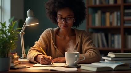 young woman sitting desk library she wearing beige sweater glasses has afro hairstyle desk cluttered books lamp potted plant woman holding pencil appears writing drawing piece paper cup coffee desk