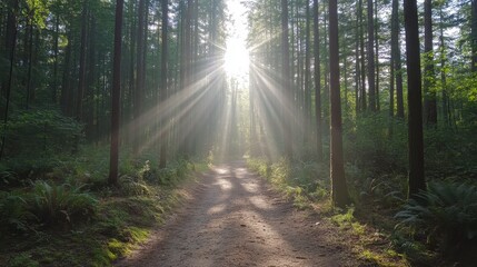 Naklejka premium Sunbeams Through a Lush Green Forest Path