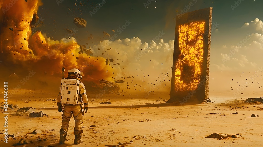 Poster Deep Space Astronaut Discovering Alien Monolith in Desolate Extraterrestrial Landscape   Futuristic Science Fiction Adventure Exploring the Mysteries of the Universe