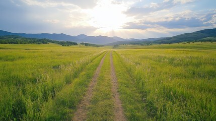 Obraz premium Sunlit Dirt Road Across a Verdant Field