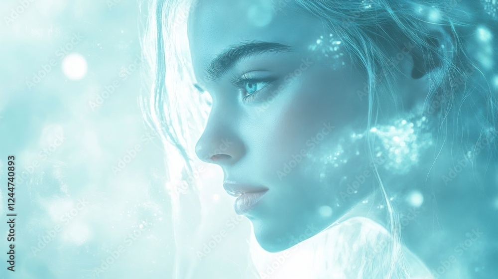 Poster cyan bokeh glow, vibrant cyan lights shimmering against a soft cool backdrop, creating a modern and 