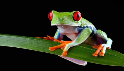 Vibrant RedEyed Tree Frog, Agalychnis Callidryas, Perched on a Verdant Leaf Against a Striking Black Background A Captivating CloseUp of the Exotic Rainforest Fauna.