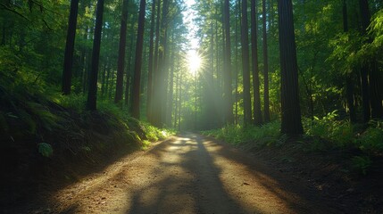 Obraz premium Sunlit Forest Path A Peaceful Woodland Scene