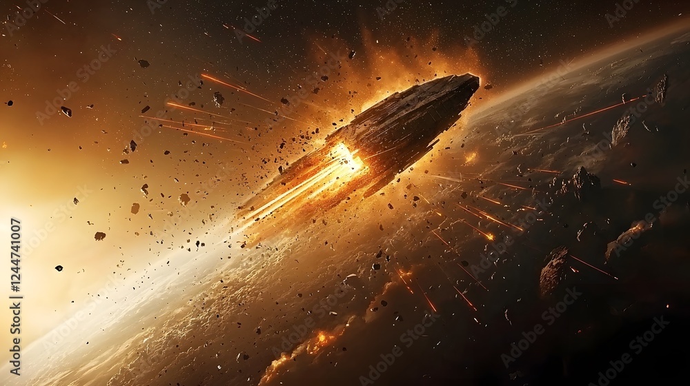 Poster Dramatic and powerful scene of a large meteorite or celestial object crashing into the Earth s atmosphere creating a fiery explosion and shockwave that alters the surrounding environment
