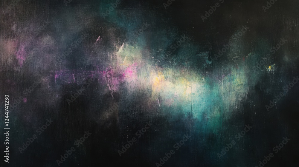Poster mysterious deep black light, an abstract composition featuring soft glowing outlines, evoking intrig