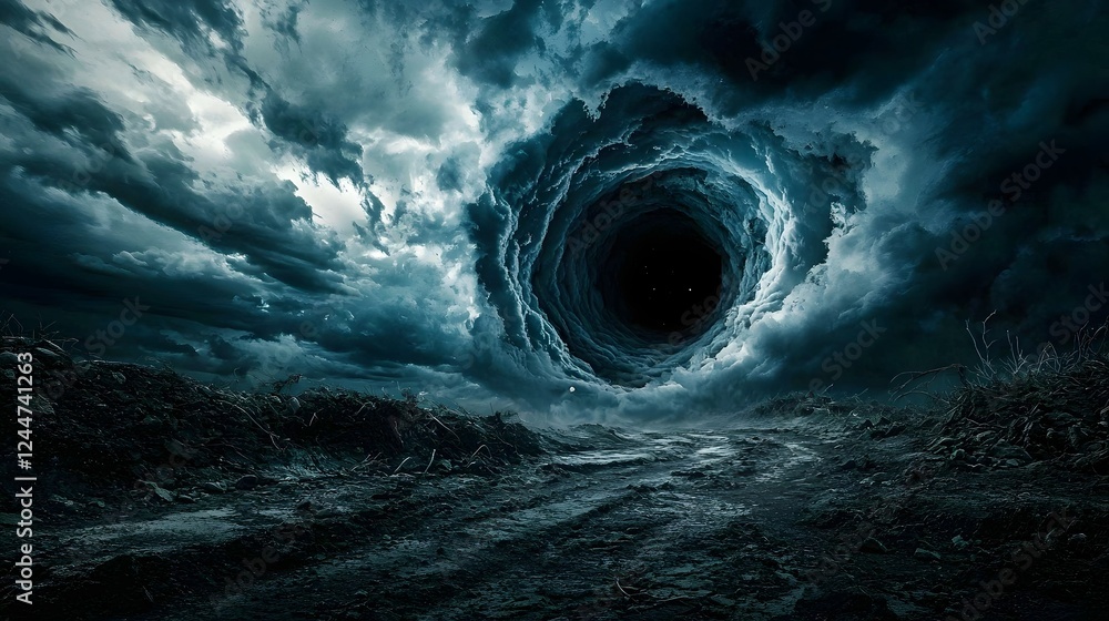 Poster Dramatic image of a swirling dimensional portal or vortex opening in a turbulent stormy sky revealing a glimpse into another plane of existence or parallel universe
