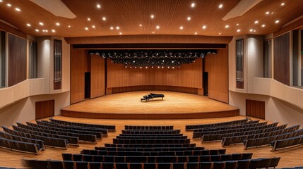 Naklejka premium Auditorium stage at Korea National University of Arts, grand piano with its lid open, strings and hammers glowing under warm lights