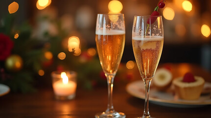 glasses of champagne with christmas lights