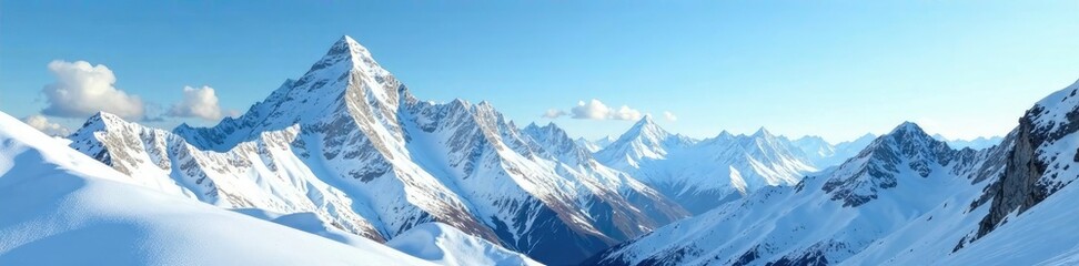 Obraz premium Snowy mountain landscape with pale blue sky and clouds, peaks, landscape, ski