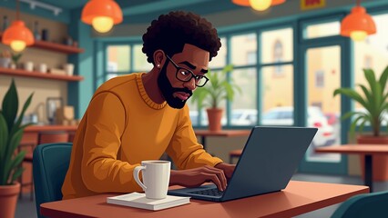 young man sitting table cafe restaurant wearing yellow sweater has beard glasses appears working laptop computer typing keyboard white coffee mug table front him book next him background large window