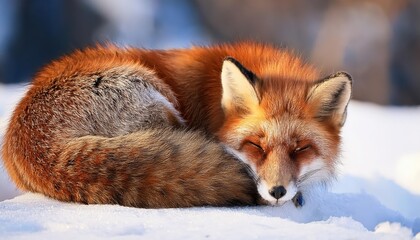 Naklejka premium Serene Red Fox Huddled in Snowy Landscape Winters Embrace Captured in Frozen Moment Amidst the Tranquil Wilderness