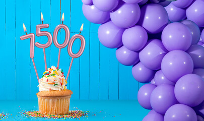 Birthday card with number 7500 candle, cupcake and balloons.