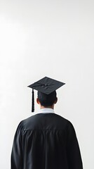 Graduate Celebrating Achievement in Academic Gown with Cap on Display Against Simple Background