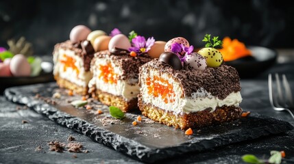 Beautiful carrot roll cake with velvety cream cheese filling, decorated with festive chocolate eggs and colorful carrot jelly, elegant food styling