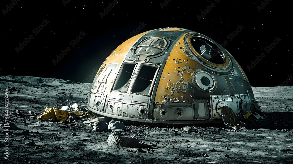 Poster eerie image of a crashed extraterrestrial spaceship partially buried in a lunar crater surrounded by