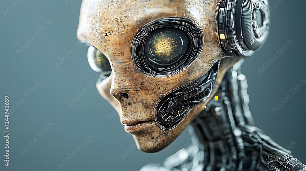 Aufkleber futuristic cyborg figure hacking into a high tech digital console uncovering classified files and in