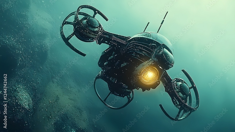 Poster Futuristic drone equipped with advanced imaging sensors capturing mysterious glowing energy waves deep beneath the surface of the Bermuda Triangle  The surreal
