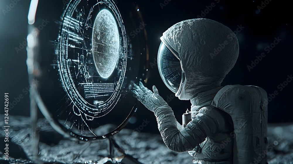 Poster Futuristic holographic projection of an ancient alien race activated inside a high tech Moon base facility showcasing advanced extraterrestrial technology and concepts