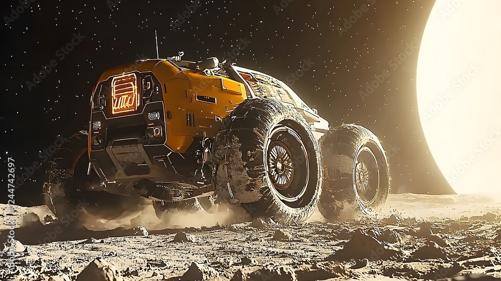 Poster futuristic lunar rover navigating the rugged and uneven terrain of the moon s surface under the star