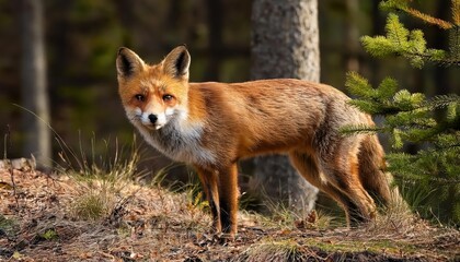 Obraz premium Vibrant Red Fox Roaming Through an Enchanted Forest, Dappled Sunlight Creating Dramatic Contrasts, Natures Mysterious Majesty on Full Display.