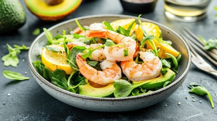 Bright and fresh seafood salad with avocado, prawns, and salmon, decorated with edible flowers for a gourmet touch.