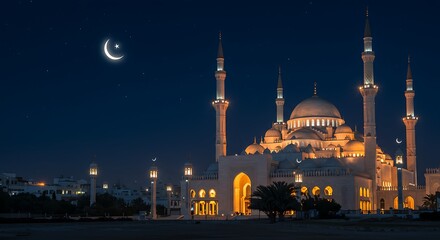 Stunning Night View of Illuminated Mosque Under Crescent Moon
