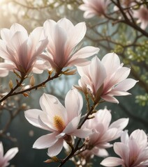 Obraz premium Soft petals of ethereal magnolia flowers unfolding in dewy morning light , soft, floral, creamy