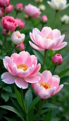 Obraz premium Soft pink peonies in a garden against white lily and ranunculus flowers, flowers, white lilies, pink peonies