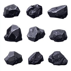 A set of distinct black coal pieces illustrated in a modern style on a white background