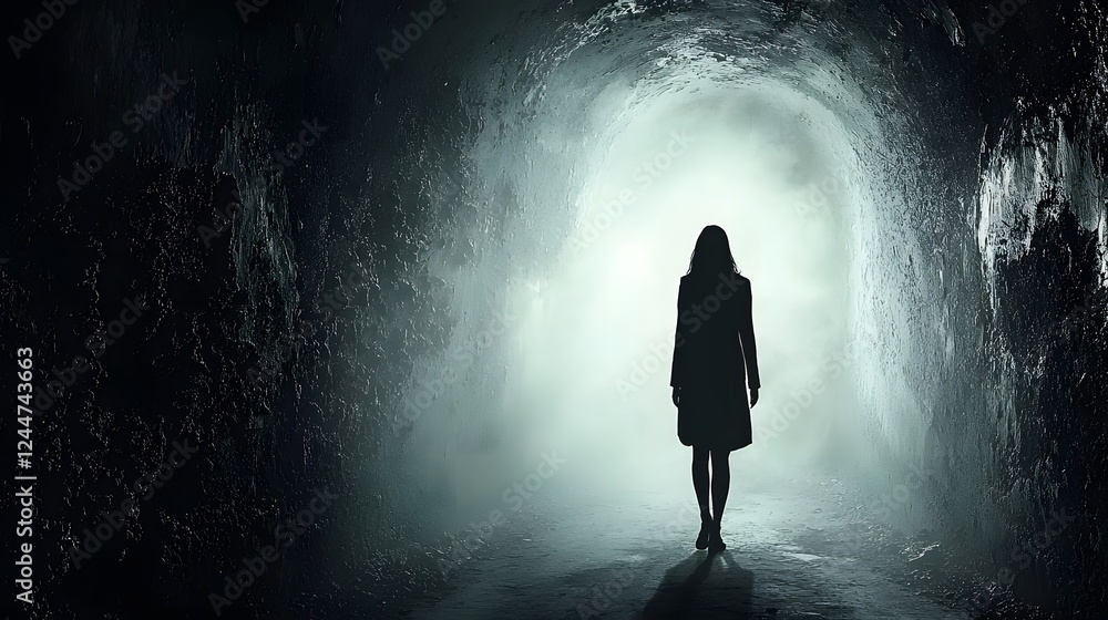 Aufkleber Ghostly figure appearing in shadowy tunnel due to quantum anomaly creating an unsettling and mysterious atmosphere with a sense of the supernatural and the unknown