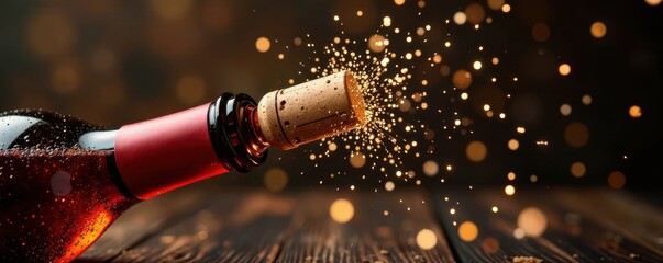 Fototapeta premium Cork ejected from bottle, sparkling wine flows , spray, release, alcohol