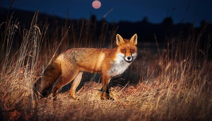 Vigilant Red Fox in a Moonlit Field of Dry Grass A Nighttime Hunt for Prey Amongst Natures Autumn Hues