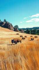 Obraz premium Golden field with lone tree and grazing bison phone background