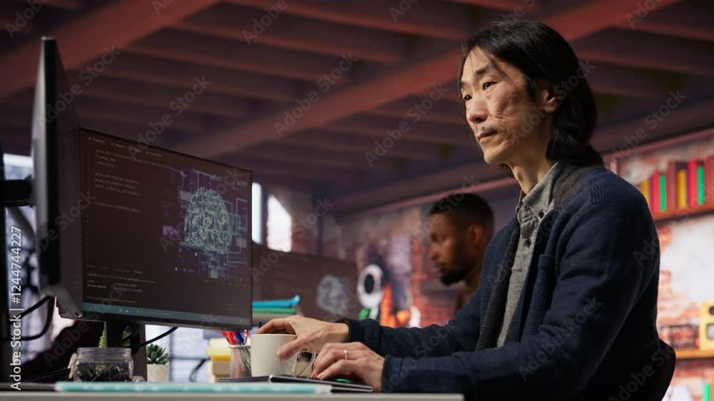 Poster cto manager in ai startup drinking coffee while coding applications in programming languages. chief 