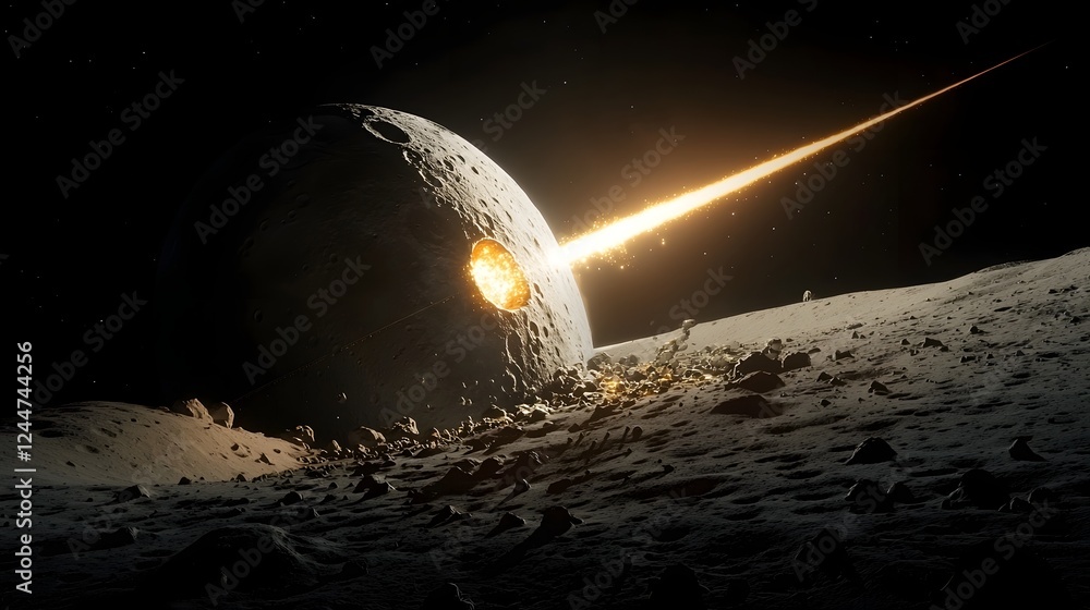 Poster massive energy beam of light dramatically erupting from the surface of the moon shooting across the 