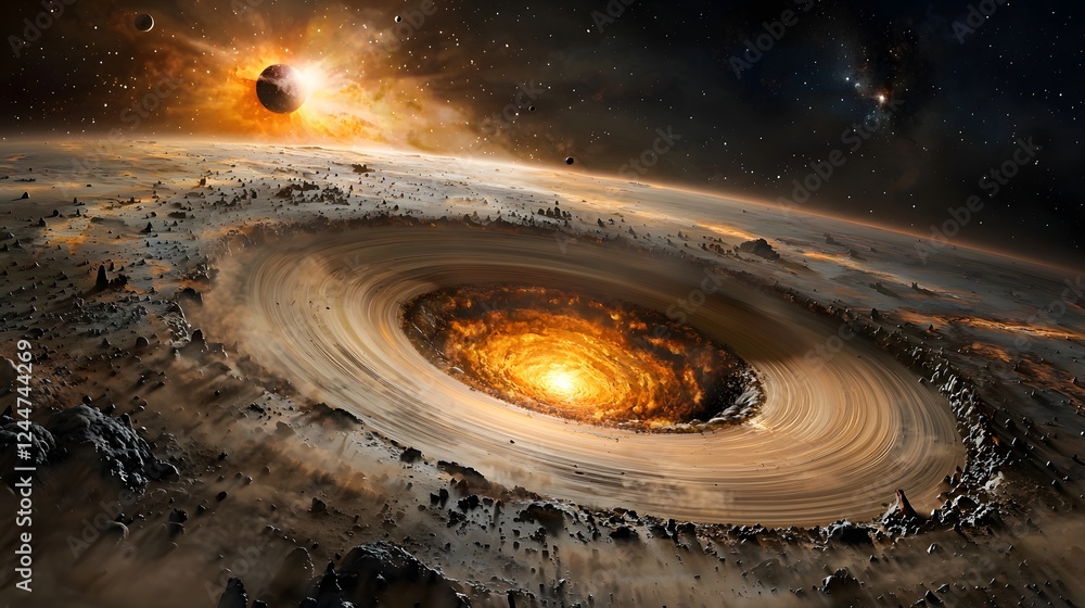 Poster Massive ring like structure orbiting a distant exoplanet set against a captivating cosmic landscape filled with stars nebulae and other celestial phenomena