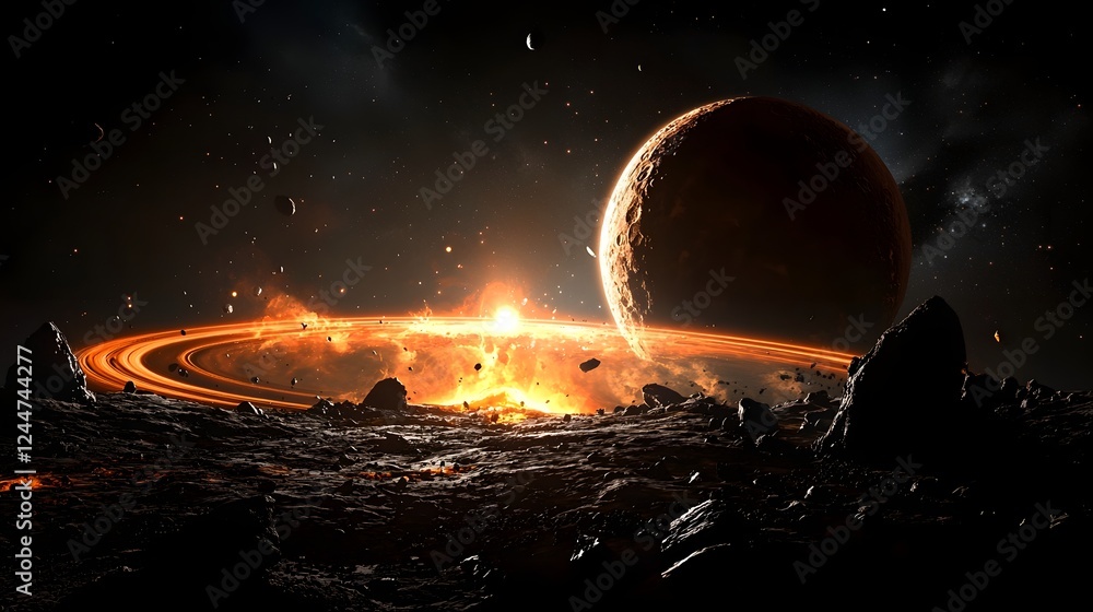 Poster massive ring like structure orbiting a distant exoplanet with a dramatic fiery explosion glowing ene