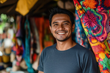 A Small business owner smiling in vibrant market, showcasing handmade products and promoting ethical labor practices