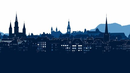 Fototapeta premium Navy blue Basel skyline silhouette highlighting iconic architecture against a serene sky backdrop
