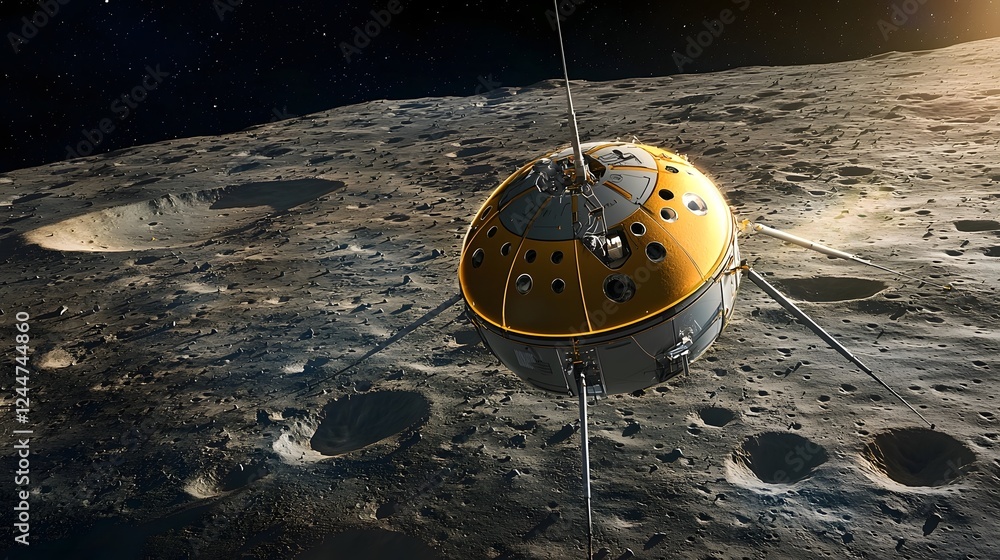 Poster Mysterious and futuristic spacecraft hovering above a large crater on the lunar surface scanning and exploring the extraterrestrial terrain with advanced technology
