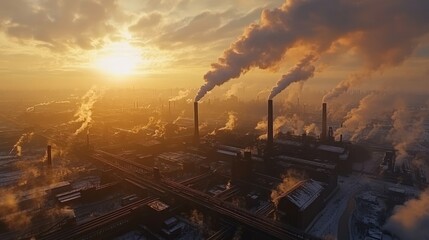 Fototapeta premium Aerial shots during dawn depict the metallurgical plant emitting smoke and smog, adversely affecting the ecology